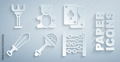 Set Rattle baby toy, Playing cards, Sword, Abacus, Teddy bear plush and Rake icon. Vector