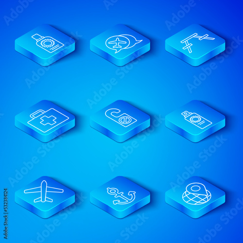 Set line Plane, Please do not disturb, Anchor, Sunscreen spray bottle, Picnic table with benches, First aid kit, and Location on the globe icon. Vector