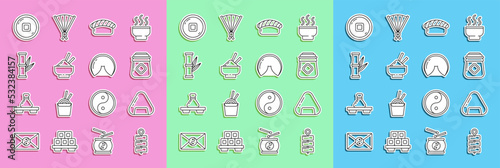 Set line Firework, Sushi, Jar of honey, Rice in bowl with chopstick, Bamboo, Chinese Yuan currency and fortune cookie icon. Vector