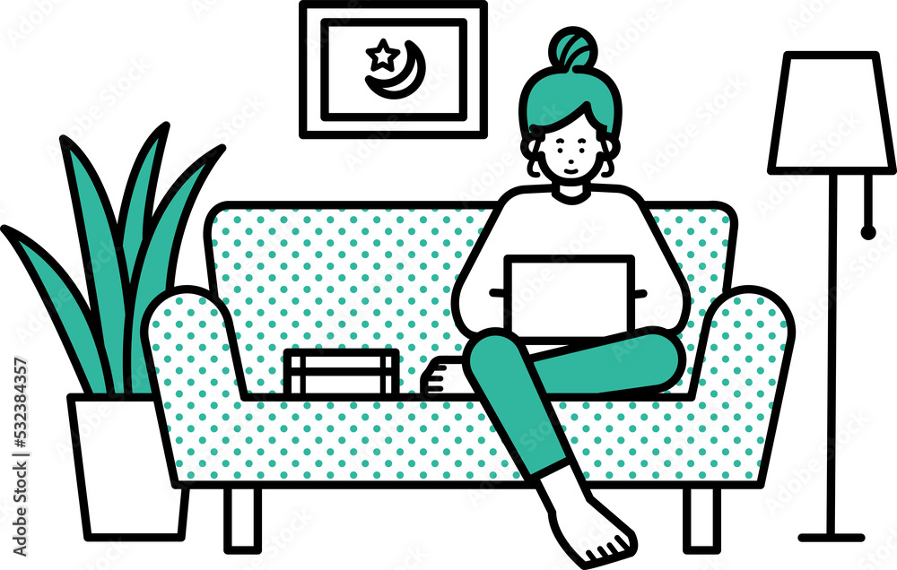 居間で在宅ワークをする女性のイラスト 居間で在宅ワークをする女性のイラスト