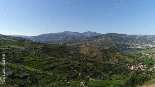 Aerial view of the Terraced Vneyards in the Douro River Valley, Portugal, 4k. Stunning Nature Landscape. Tourist Atraction. Travel Destination. Unesco photo