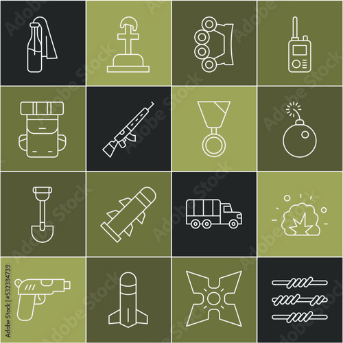 Set line Barbed wire, Bomb explosion, ready to explode, Brass knuckles, Sniper rifle with scope, Hiking backpack, Cocktail molotov and Military reward medal icon. Vector