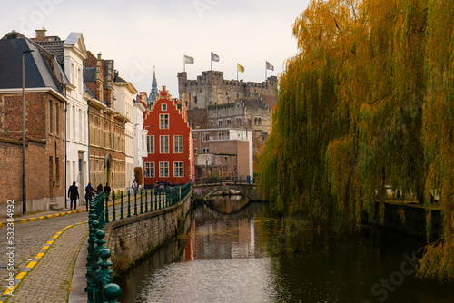 Lievekaai , Patershol , beautiful and romantic atmosphere areas in old town of Ghent during autumn ,  winter evening : Ghent , Belgium : November 30 , 2019 photo