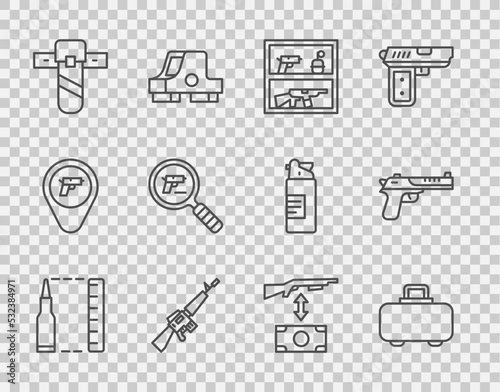 Set line Bullet, Weapon case, Hunting shop weapon, M16A1 rifle, Knife holster, Pistol or gun search, Buying assault and Desert eagle icon. Vector