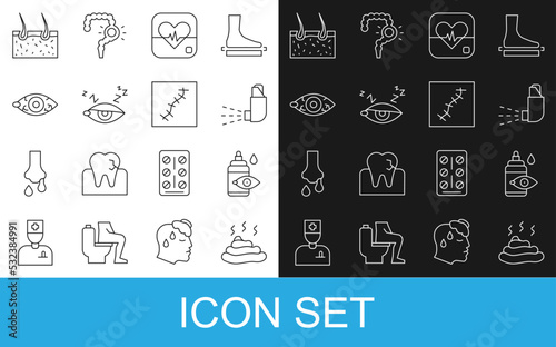 Set line Shit, Eye drop bottle, Inhaler, Heart rate, Insomnia, Reddish eye, Hair covering skin and Scar with suture icon. Vector