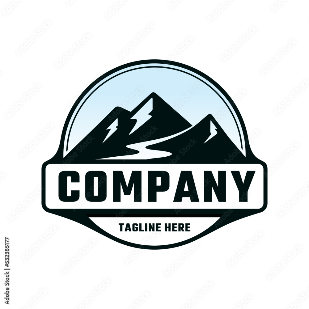  mountain emblem logo design, logo design with sun, premium vector logo design, mountain emblem logo, design mountain vector, mountain vector, circular mountain emblem vector