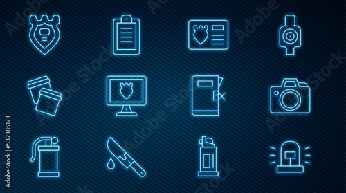 Set line Flasher siren, Photo camera, Police badge with id case, database, Plastic bag ziplock, station folder and report icon. Vector