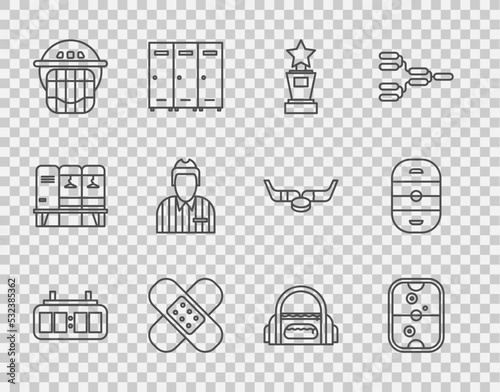Set line Hockey mechanical scoreboard, Air hockey table, Award cup, Crossed bandage plaster, helmet, judge, referee, arbiter, Sport bag and Ice rink icon. Vector