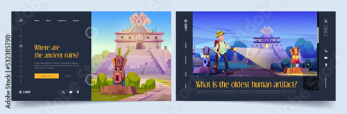Travel and archeology website templates set. Vector illustration of cartoon tourist character exploring ancient tomb, human artifact, studying culture, history, having adventure. Landing page design