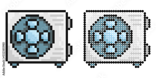 Pixel icon. Air conditioner unit with three bladed fan. Room cooling and heating. Simple retro game vector isolated on white background