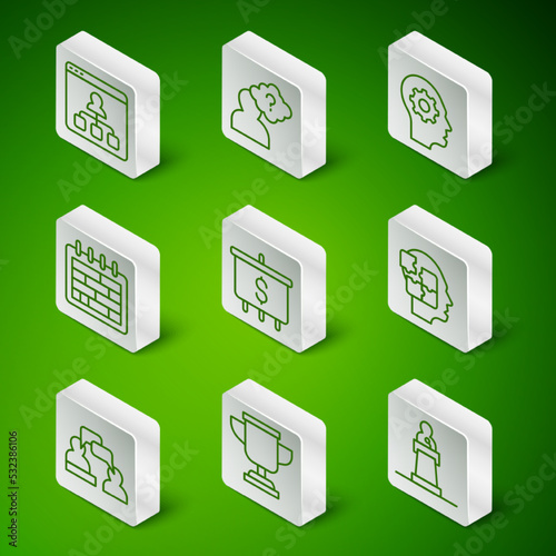 Set line Speaker, Award cup, Online education, Target with dollar, Calendar, Head question mark, Two sitting men talking and puzzles strategy icon. Vector