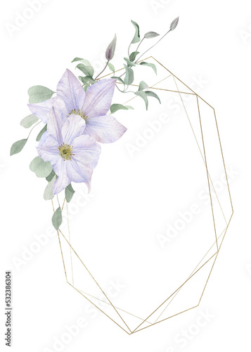 A polygonal floral frame with white clematis, buds and leaves hand drawn in watercolor isolated on a white background. Watercolor illustration.