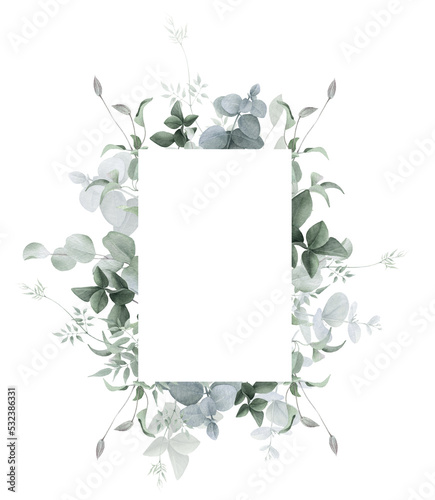 A square floral frame with clematis buds, leaves and eucalyptus branches hand drawn in watercolor isolated on a white background. Watercolor illustration. © Tatiana