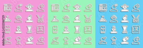 Set line Finding a problem in psychology, Psychology book, Hypnosis, Concussion, headache, Mountains with flag top, Online psychological counseling and Dreams icon. Vector