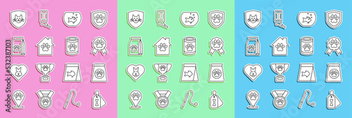 Set line Dog collar with bone, Bag of food for pet, Pet award symbol, Aquarium fish, house, Animal health insurance and Canned icon. Vector