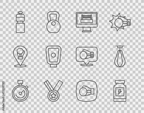 Set line Stopwatch, Energy drink, Boxing ring, Medal, Fitness shaker, training paws, glove and Punching bag icon. Vector