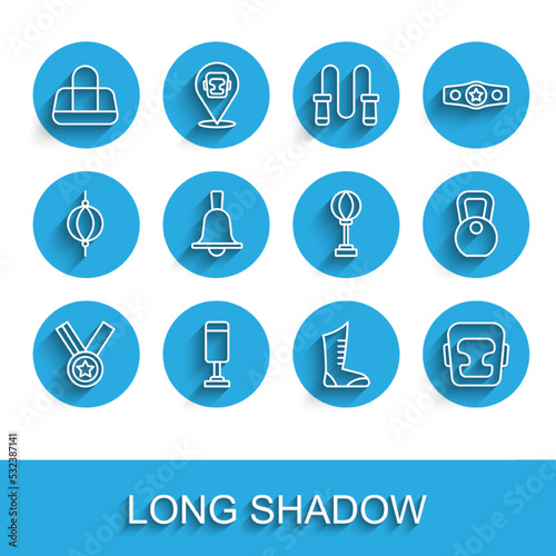 Set line Medal, Punching bag, Sport, boxing shoes, Boxing helmet, bell, Weight and icon. Vector