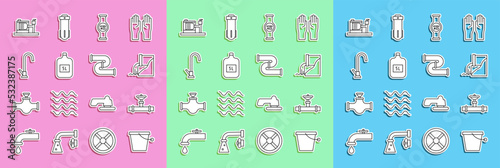 Set line Bucket, Industry pipe and valve, Wastewater, Water meter, Big bottle with clean, tap, Electric pump and metallic icon. Vector