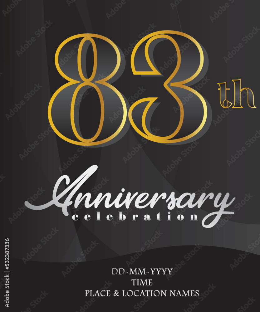 83rd Anniversary Invitation and Greeting Card Design, Golden and Silver Coloured, Elegant Design, Isolated on Black Background. Vector illustration. 83rd Anniversary Invitation and Greeting Card Design, Golden and Silver Coloured, Elegant Design, Isolated on Black Background. Vector illustration.