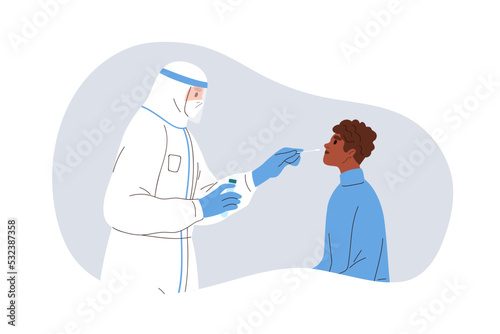 Covid PCR test. Black man patient during nasal swab for lab research, checking coronavirus. Corona virus diagnostic with sample from nose. Flat vector illustration isolated on white background © Good Studio