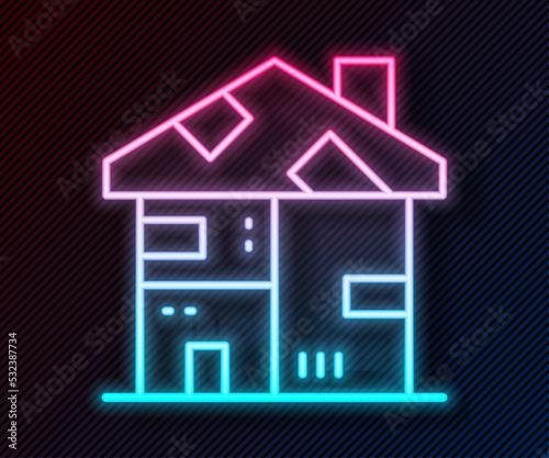 Glowing neon line Homeless cardboard house icon isolated on black background. Vector