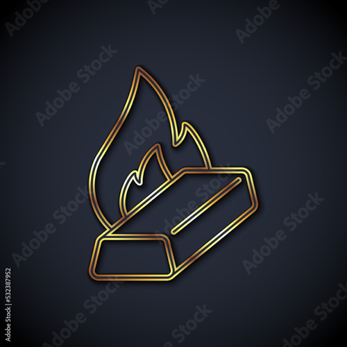 Gold line Molten gold being poured icon isolated on black background. Molten metal poured from ladle. Vector