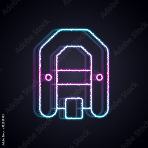 Glowing neon line Rafting boat icon isolated on black background. Inflatable boat with paddles. Water sports, extreme sports, holiday, vacation. Vector