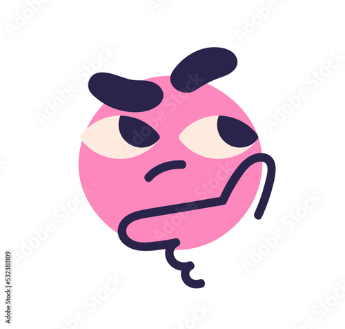 Puzzled face avatar. Abstract round-head character doubting, thinking, wondering. Cute funny thoughtful questioned emotion, facial expression. Flat vector illustration isolated on white background