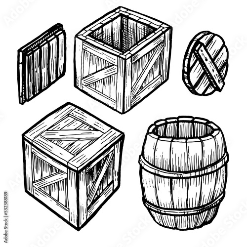 set of wooden boxes and barrel vector illustration on white background