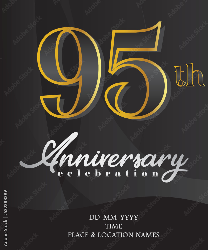 95th Anniversary Invitation and Greeting Card Design, Golden and Silver Coloured, Elegant Design, Isolated on Black Background. Vector illustration. 95th Anniversary Invitation and Greeting Card Design, Golden and Silver Coloured, Elegant Design, Isolated on Black Background. Vector illustration.