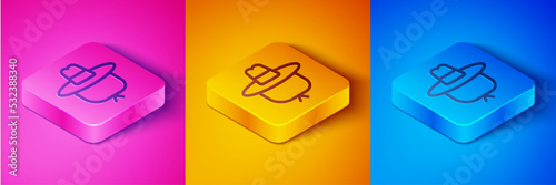 Isometric line Camping hat icon isolated on pink and orange, blue background. Beach hat panama. Explorer travelers hat for hunting, hiking, tourism. Square button. Vector