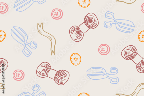 Sewing threads set seamless pattern template Sewing threads. silhouette ink pen. Hand drawn engraving