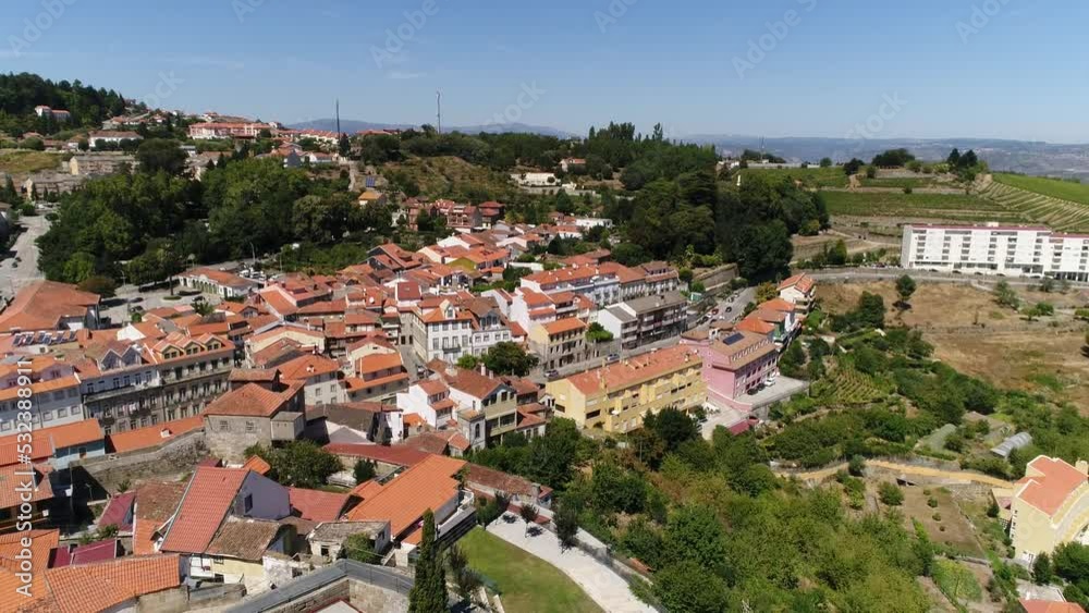 City of Lamego Skyline. Medieval Castle with Blue Sky Aerial View. Portugal 4k. Travel Destination City of Lamego Skyline. Medieval Castle with Blue Sky Aerial View. Portugal 4k. Travel Destination