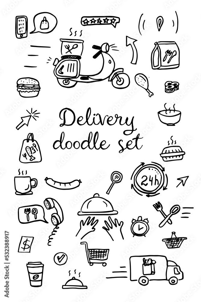 hand drawn simple doodle Set of Food Delivery Related Vector Line Icons, vector