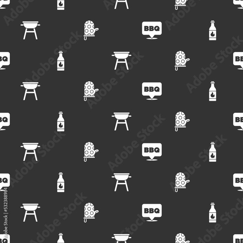 Set Barbecue, Tabasco sauce, grill and Oven glove on seamless pattern. Vector