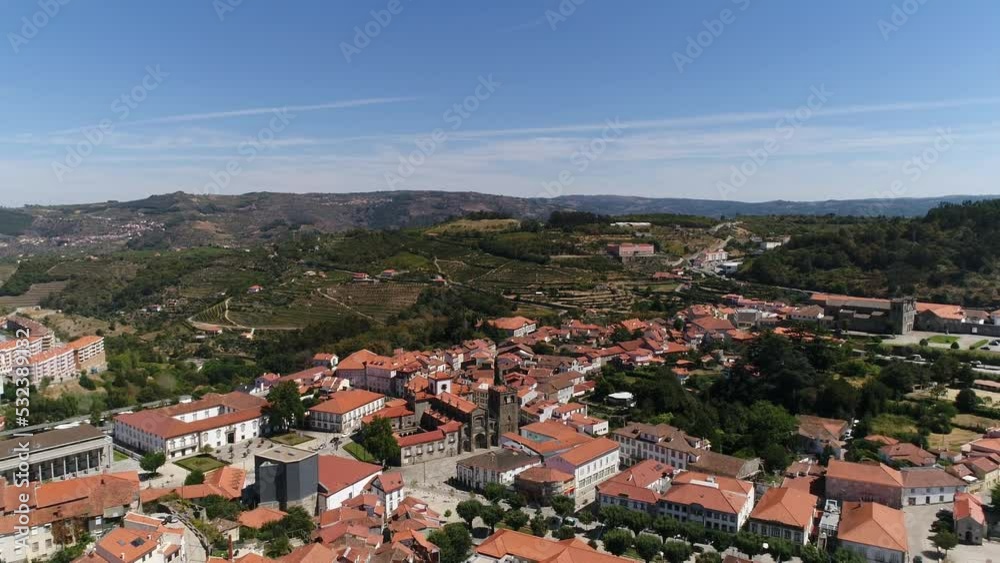 City of Lamego Skyline. Old Cathedral with Blue Sky Aerial View. Portugal 4k. Travel Destination City of Lamego Skyline. Old Cathedral with Blue Sky Aerial View. Portugal 4k. Travel Destination