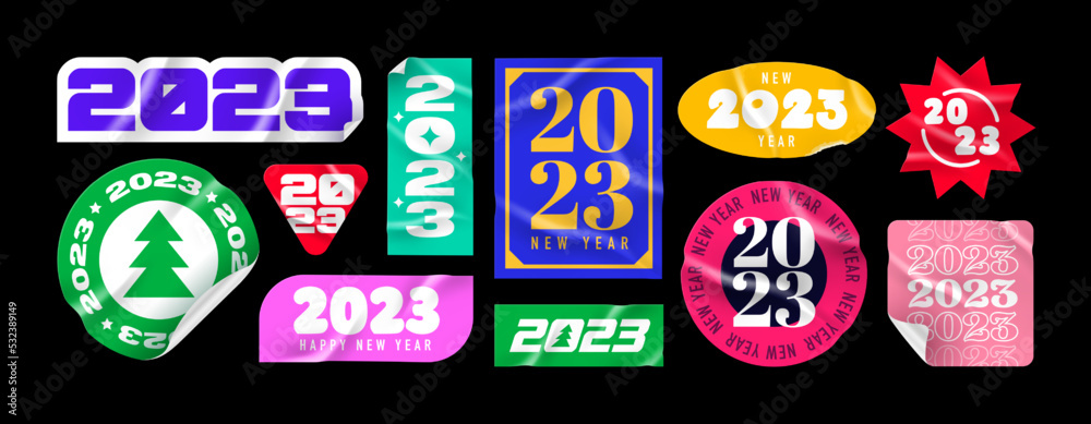 Happy New Year 2023 stickers. Sticker pack. Paper Stickers. Vector isolated on black background