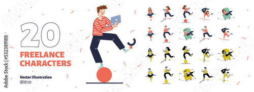 Freelance characters set. Freelancers trying to keep balance, men and women with laptop balancing on unstable surface trying to combine job and home life, Linear cartoon flat vector illustration