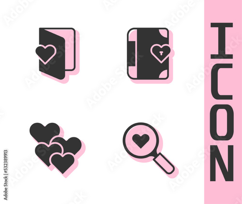 Set Search heart and love, Valentines day flyer, Heart and Love diary icon. Vector