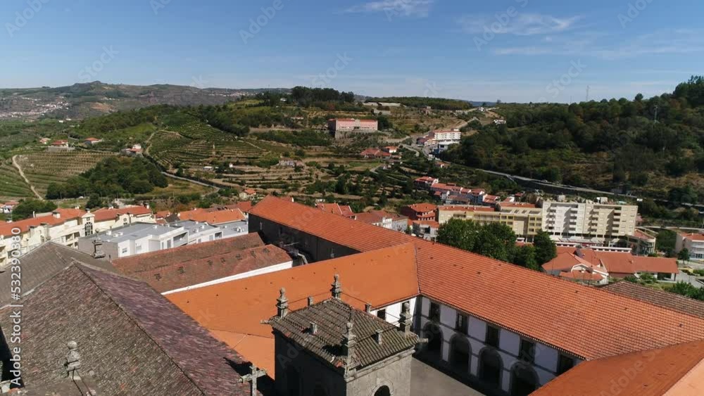 City of Lamego Skyline. Old Cathedral with Blue Sky Aerial View. Portugal 4k. Travel Destination