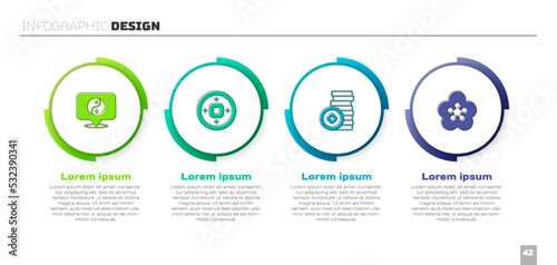 Set Yin Yang symbol, Chinese Yuan currency, and Lotus flower. Business infographic template. Vector