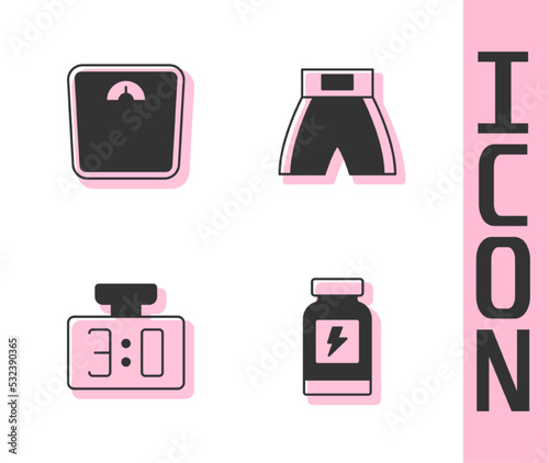 Set Energy drink, Bathroom scales, Sport mechanical scoreboard and Boxing short icon. Vector