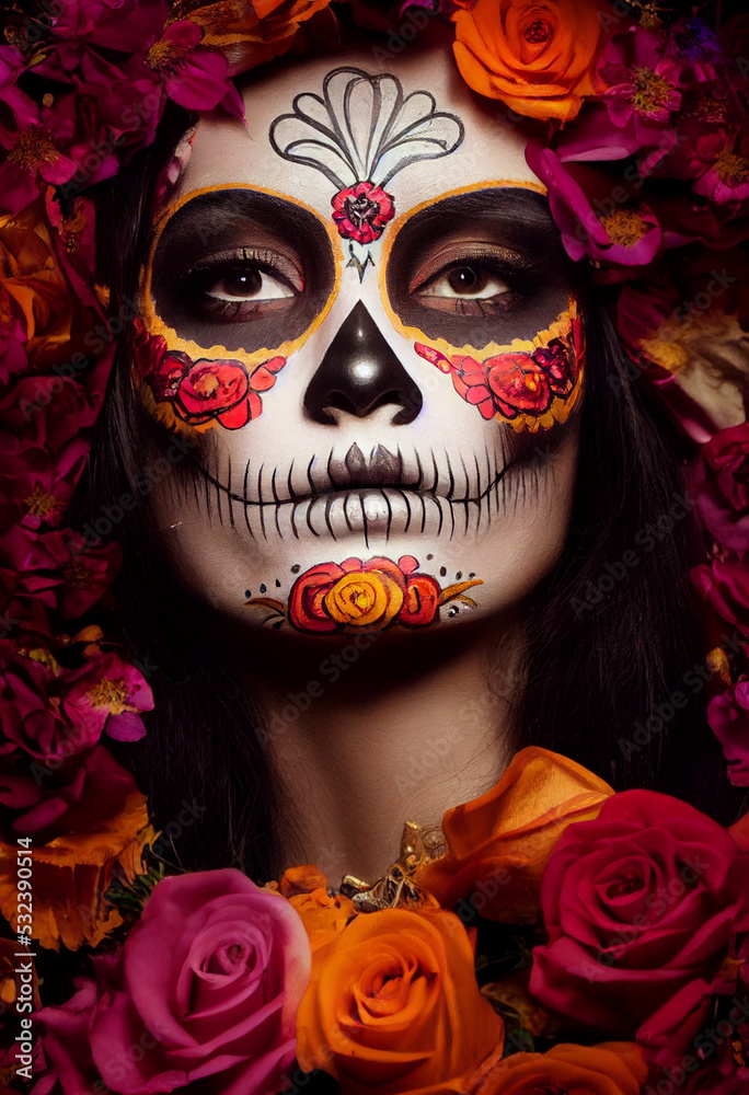 beautiful woman with bright make-up in traditional mexican day of the dead for halloween autumn holiday. 3d rendering