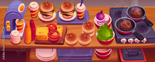 Fast food restaurant kitchen with hamburgers, stove with frying pan, plates, trays, products and juice machine on wooden counter. Top view of cooking burgers in cafe, vector cartoon illustration