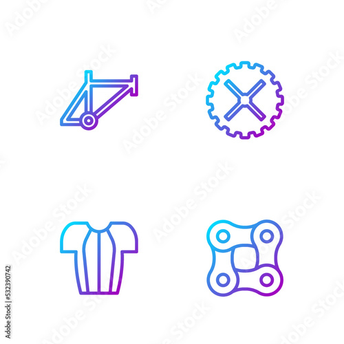 Set line Bicycle chain, Cycling t-shirt, frame and sprocket crank. Gradient color icons. Vector