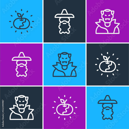Set line Poison apple, Vampire and Wizard warlock icon. Vector