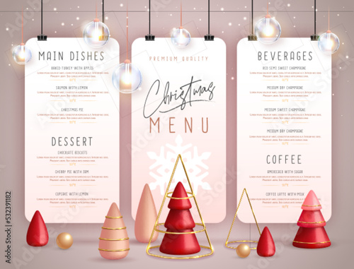 Christmas holiday restaurant menu design with realistic 3D plastic Christmas trees. Vector illustration