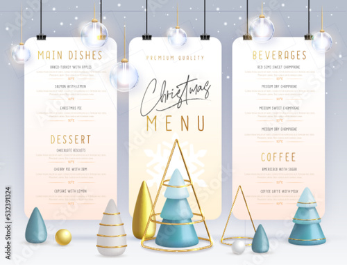 Christmas holiday restaurant menu design with realistic 3D plastic Christmas trees. Vector illustration