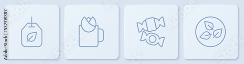 Set line Tea bag with leaf, Candy, Cup of tea rose and . White square button. Vector