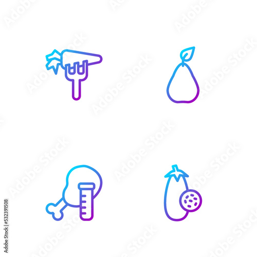 Set line Eggplant, Genetically modified chicken, Carrot and Pear. Gradient color icons. Vector